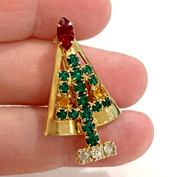 Vintage Christmas Tree Brooch Goldtone Pin with Red Green & White Rhinestones - Picture 2 of 6